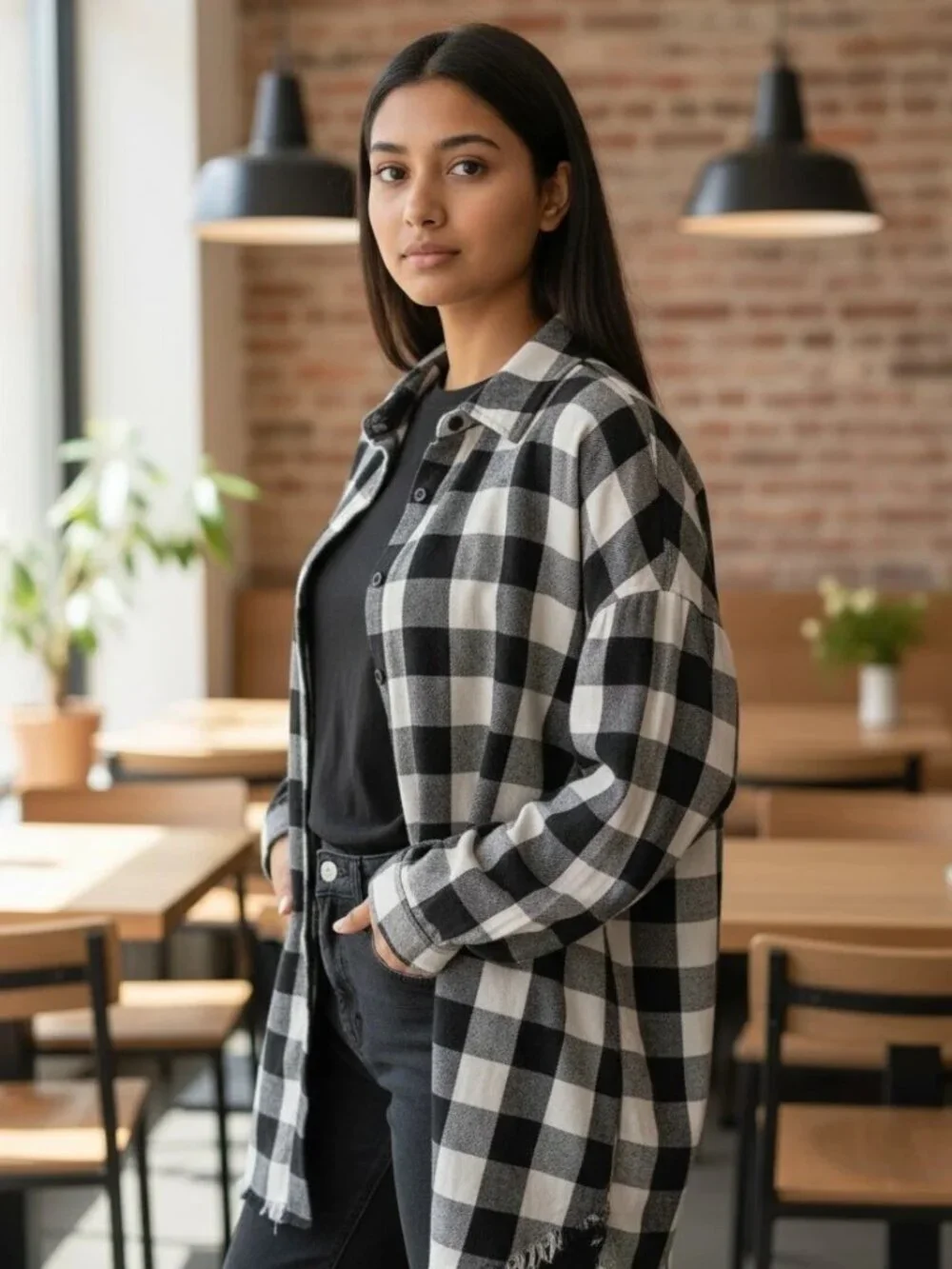 New RISEN Los Angeles Buffalo Plaid Shacket Shirt Dress Raw Hem Sz Lg - Picture 2 of 5